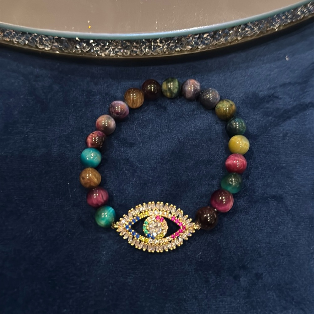 Multi color beads stretchable bracelet with evil eye charm good luck